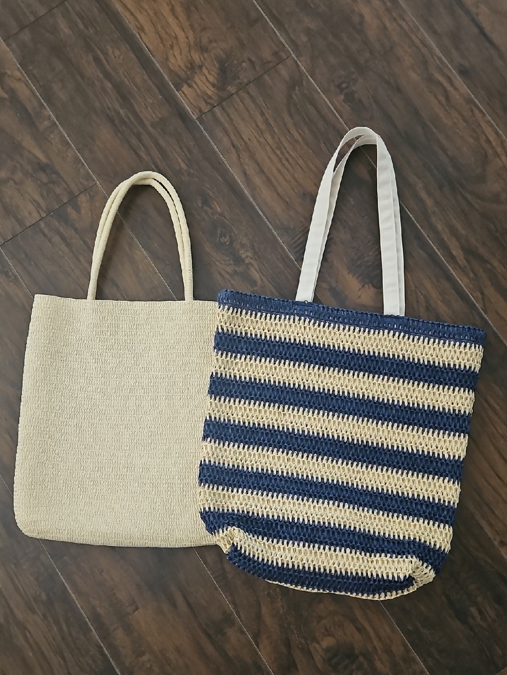 A Pair Of Woven  Beach Tote Bags in Navy and Cream